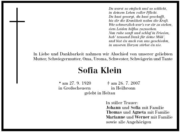 Schuster Sofia 1920-2007 Todesanzeige